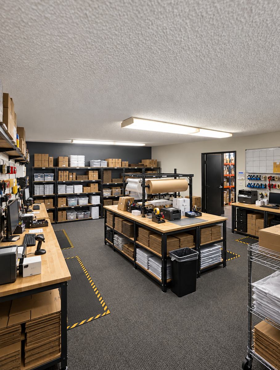 Packing and fulfillment room with workbenches and shipping supplies