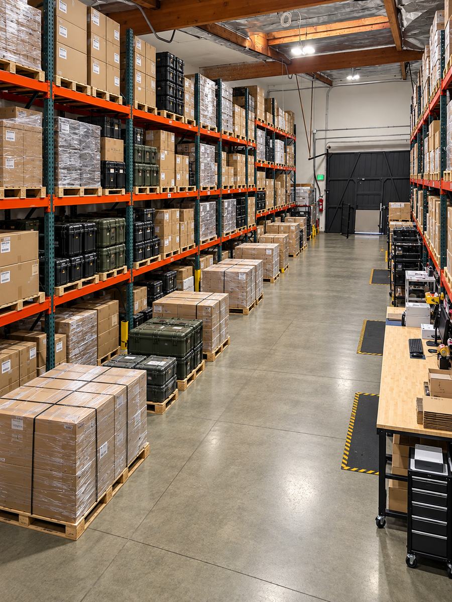 Racked warehouse aisle with palletized inventory